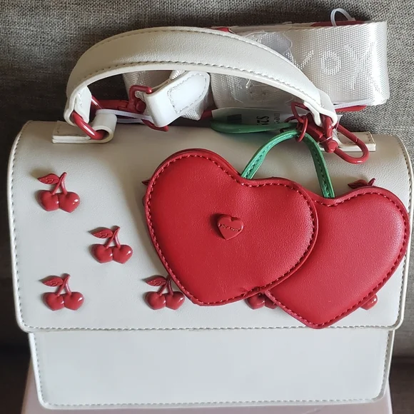 Betsey Johnson White Satchel with Red Heart Accents & Crossbody Strap - Picture 2 of 14